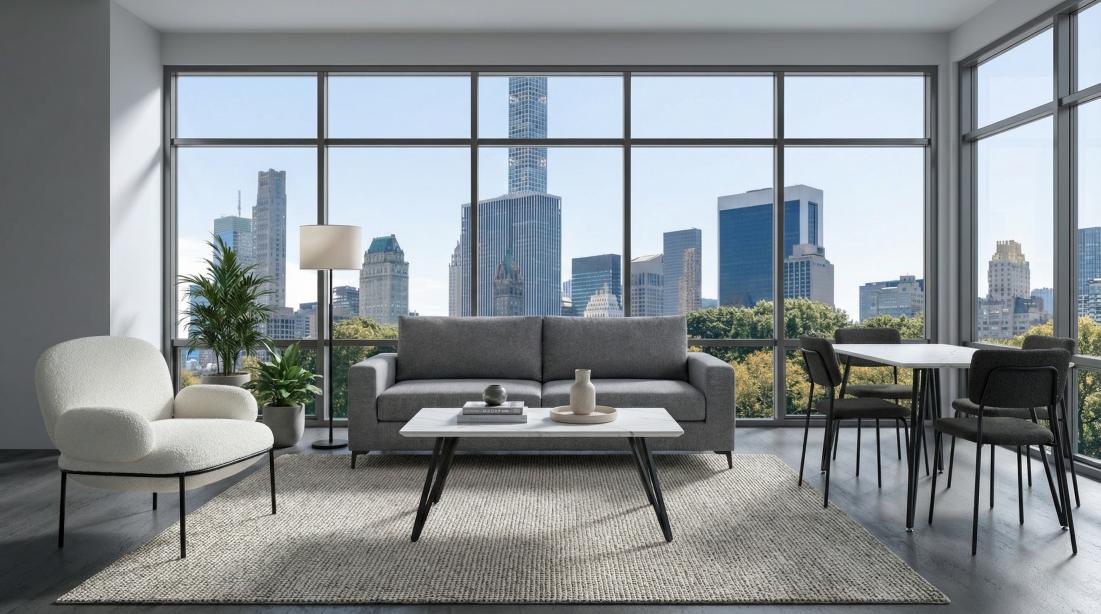  Baltimore Grey Sofa, Avery Ivory Chair, Marlow Dining Set and Coffee Table Silver Package