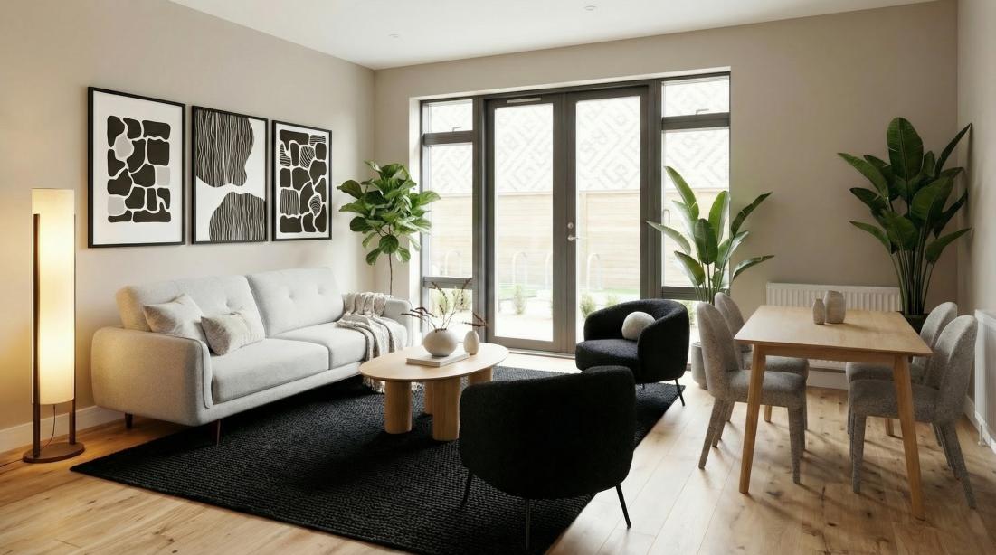 Remy Sofa, Avery Black Chair, Anya Coffee Table and Boden Dining Set Platinum Package